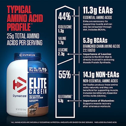 Dymatize Elite Casein Protein Powder, Slow Absorbing with Muscle Building Amino Acids, 100% Micellar Casein, 25g Protein, 5.4g BCAAs & 2.3g Leucine, Helps Overnight Recovery, Rich Chocolate, 4 Pound