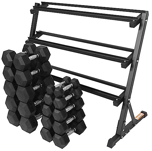 Signature Fitness 550LB Rubber Coated Hex Dumbbell Weight Set with 3-Tier Storage Rack, 5-50 lbs Pairs, One Package