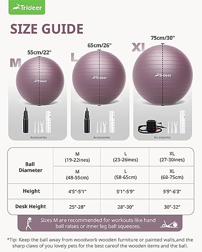 Trideer Yoga Ball - Exercise Ball for Workout pilates Stability - Anti-Burst and Slip Resistant for physical therapy, Birthing, Stretching & Core Workout, Office Ball Chair, Flexible Seating, Home Gym