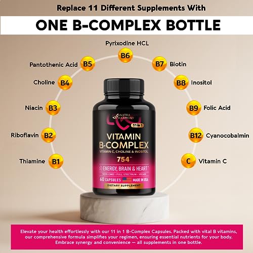 NUTRAHARMONY Vitamin B Complex - Made in USA - 11-in-1 B-Complex: B1, B2, B3, B5, B5, B6, B7, B9, B12 + Vitamin C, Choline, Inositol - Energy, Brain & Heart Support Supplements - 754 mg - 60 Capsules