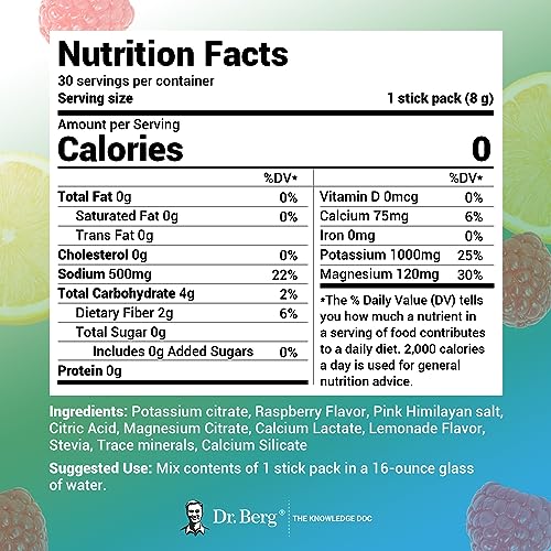 Dr. Berg Sports Hydration Electrolytes Powder w/More Salt (Pink Himalayan) - 30 Keto Electrolytes Powder Packets w/a Delicious Salty Raspberry & Lemon Natural Flavor - Includes 1,000mg of Potassium