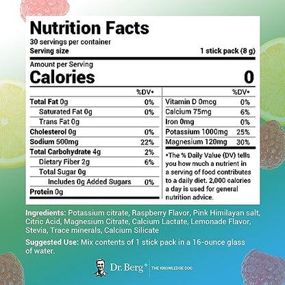 Dr. Berg Sports Hydration Electrolytes Powder w/More Salt (Pink Himalayan) - 30 Keto Electrolytes Powder Packets w/a Delicious Salty Raspberry & Lemon Natural Flavor - Includes 1,000mg of Potassium