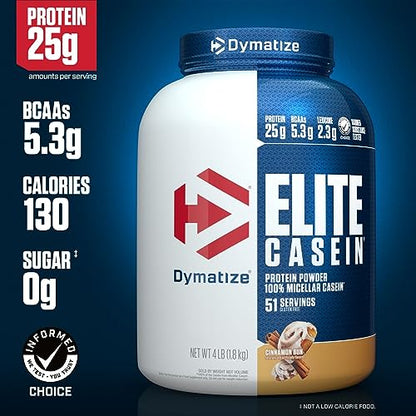 Dymatize Elite Protein Powder, Slow Absorbing with Muscle Building Amino Acids, 100% Micellar Casein, 25 g Protein, 5.4 g BCAAs & 2.3 g Leucine, Helps Overnight Recovery, Cinnamon Bun, 64 Oz