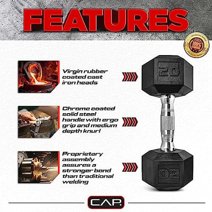 CAP Barbell 150 LB Coated Hex Dumbbell Weight Set with Vertical Rack, Black, New Edition