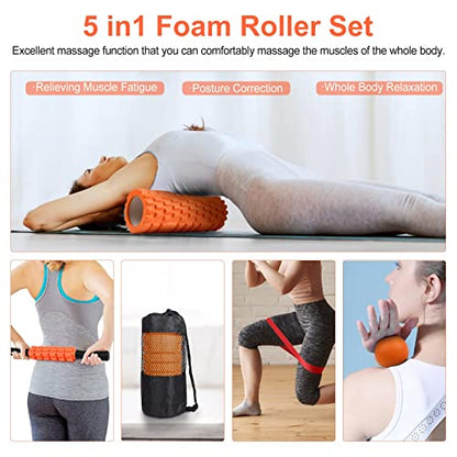 5 in1 Foam Roller Set, Trigger Point Foam Roller, Yoga Stick, Massage Ball, Fitness Stretching Strap, Carrying Bag, Towel, Massage Roller for Deep Muscle Massage Pilates Yoga, Orange