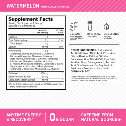 Optimum Nutrition Amino Energy - Pre Workout with Green Tea, BCAA, Amino Acids, Keto Friendly, Green Coffee Extract, Energy Powder - Watermelon, 65 Servings (Packaging May Vary)