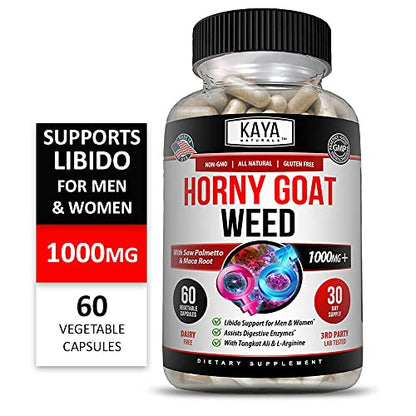 Kaya Naturals Horny Goat Weed Extract for Adult Enhancement - 1560mg Maca | Extra Strength Complex with Saw Palmetto Ginseng, Arginine Libido Enhancing Vitamin Supplement | Horny Goat Weed - 60 Count