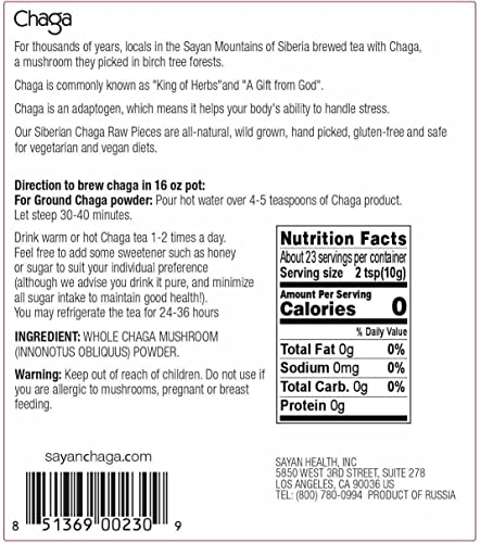 Sayan Siberian Raw Ground Chaga Powder 8 Oz (226g) - Wild Forest Mushroom Tea, Powerful Adaptogen Antioxidant Supplement, Support for Immune System & Digestive Health