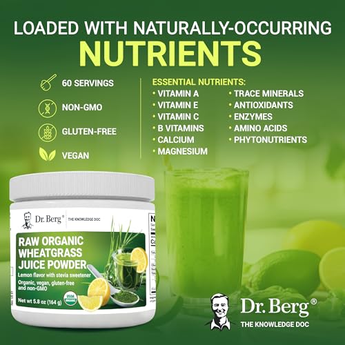 Dr. Berg USDA Certified Organic Green Powder Superfood (60 Servings) - Made with Raw Wheatgrass Powder, Chlorophyll, Trace Minerals & Natural Enzymes - Non-GMO Green Superfood Powder - Lemon Flavor