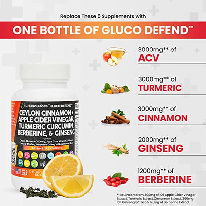 Clean Nutraceuticals Ceylon Cinnamon 3000mg Turmeric 3000mg Apple Cider Vinegar 3000mg Ginseng 2000mg Berberine 1200mg Plus Bitter Melon Gymnema Milk Thistle Fenugreek