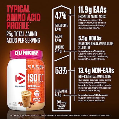 Dymatize ISO100 Hydrolyzed 100% Whey Isolate Protein Powder in Dunkin' Cappuccino Flavor, 25g Protein, 95mg Caffeine, 5.5g BCAAs, Gluten Free, Fast Absorbing, Easy Digesting, 21.5 Oz