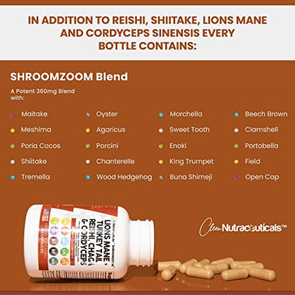 Lions Mane 3000mg 20in1 Mushroom Supplement with Turkey Tail 2000mg Reishi 1000mg Cordyceps Chaga 1000mg Maitake Meshima Poria Cocos Shiitake Oyster Porcini Enoki Cognitive, Energy, Focus Pills USA