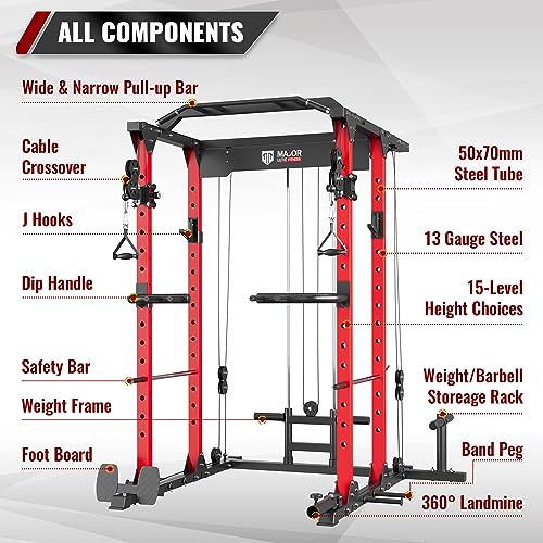 MAJOR LUTIE Power Cage with Weight Bench, 230LBS Weight Plates and Barbell, 1400 lbs Multi-Function Red Power Rack with Adjustable Cable Crossover System and More Exercise Machine Attachments