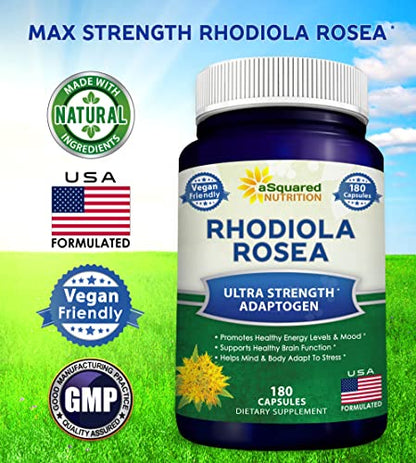 aSquared Nutrition Rhodiola Rosea Supplement 1000mg - 180 Vegan Capsules - Max Strength Rhodiola Root Extract Pills Improve Pure Energy, Brain Function & Stress Relief -Golden Root Herb Powder Tablets