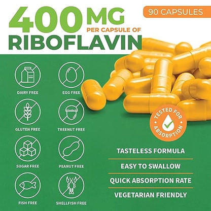 ForestLeaf Vitamin B2 Riboflavin, 400mg – Non-GMO, Gluten Free Daily Dietary Supplement Unflavored,Capsule, 90 Count (Pack of 1)