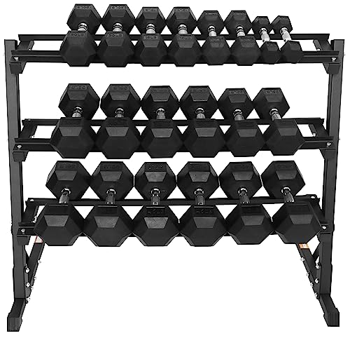 Signature Fitness 550LB Rubber Coated Hex Dumbbell Weight Set with 3-Tier Storage Rack, 5-50 lbs Pairs, One Package