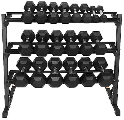 Signature Fitness 550LB Rubber Coated Hex Dumbbell Weight Set with 3-Tier Storage Rack, 5-50 lbs Pairs, One Package