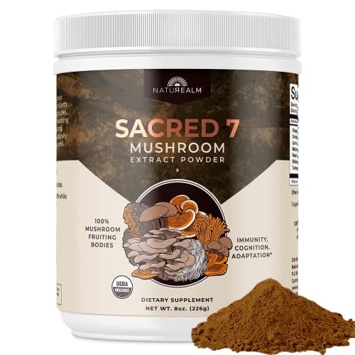 Naturealm Sacred 7 - Mushroom Extract Powder 8 oz - Chaga, Cordyceps, Lion's Mane, Maitake, Reishi, Shiitake & Turkey Tail - Organic Herbal Nootropic Supplement - Focus, Energy & Mental Performance