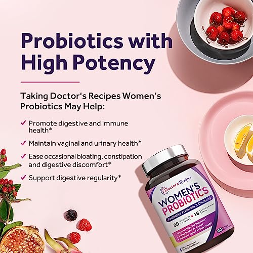 Doctor's Recipes Women’s Probiotic, 60 Caps 50 Billion CFU 16 Strains, with Organic Prebiotics Cranberry, Digestive Immune Vaginal & Urinary Health, Shelf Stable, Delayed Release, No Soy Gluten Dairy