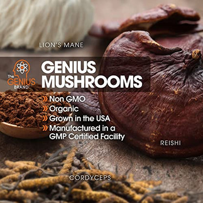 Genius Mushroom - Lions Mane, Cordyceps and Reishi - Nootropic Brain Supplement - Natural Energy, Memory & Liver Support, 180 Veggie Pills