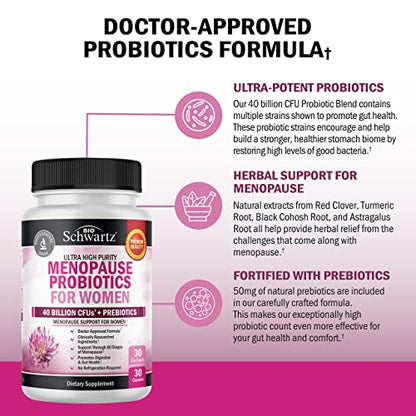 Menopause Support Probiotics for Women - Natural Menopause Relief for Hot Flashes Night Sweats Mood Swings and Hormone Balance - Menopause Supplements for Women with Astragalus - 30 Count 30 Servings