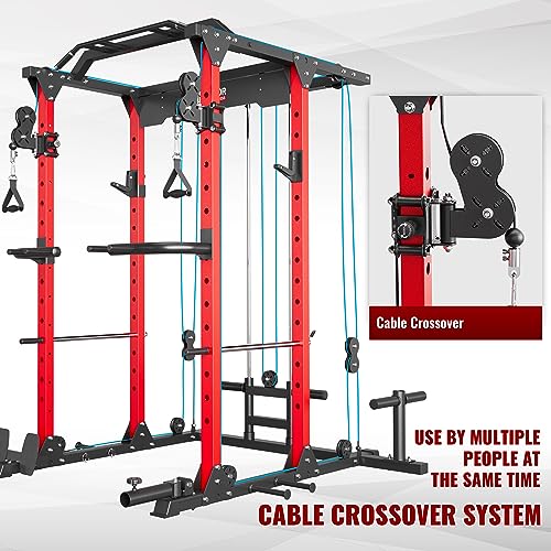 MAJOR LUTIE Power Cage with Weight Bench, 230LBS Weight Plates and Barbell, 1400 lbs Multi-Function Red Power Rack with Adjustable Cable Crossover System and More Exercise Machine Attachments