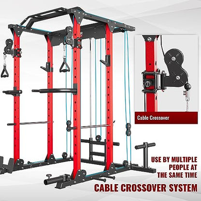 MAJOR LUTIE Power Cage, PLM03 1400lbs Multi-Function Power Rack with Adjustable Cable Crossover System and Exercise Machine Attachment(Red)