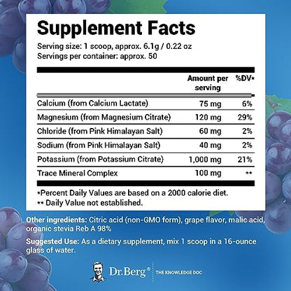 Dr. Berg Hydration Keto Electrolyte Powder - Enhanced w/ 1,000mg of Potassium & Real Pink Himalayan Salt (NOT Table Salt) - Grape Flavor Hydration Drink Mix Supplement - 50 Servings