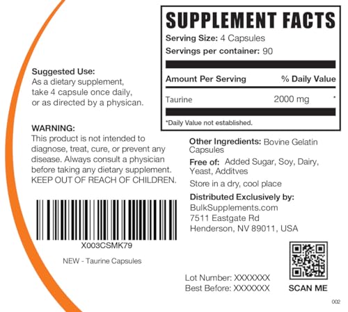 BULKSUPPLEMENTS.COM Taurine Capsules - Taurine Supplement, Taurine 2000mg, Amino Acids for Heart Health, Taurine Pills - Gluten Free, 4 Taurine 500mg Capsules per Serving (2000mg), 360 Capsules