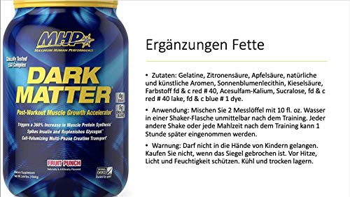 MHP Dark Matter Post Workout, Recovery Accelerator, w/Multi Phase Creatine, Waxy Maize Carbohydrate, 6g EAAs, Fruit Punch, 20 Servings, 55 Oz