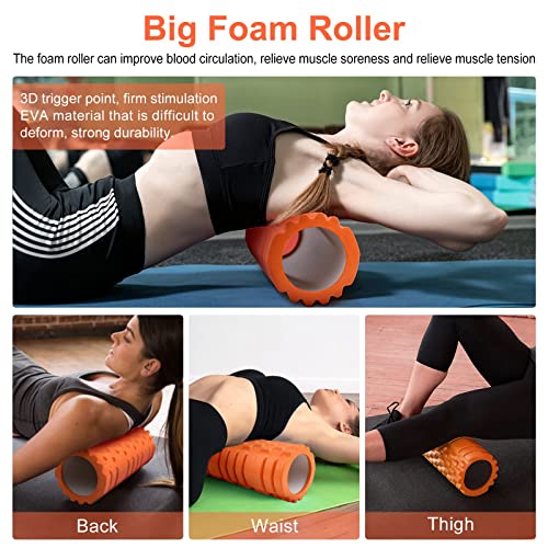 5 in1 Foam Roller Set, Trigger Point Foam Roller, Yoga Stick, Massage Ball, Fitness Stretching Strap, Carrying Bag, Towel, Massage Roller for Deep Muscle Massage Pilates Yoga, Orange