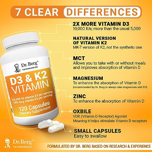 Dr. Berg's Vitamin D3 K2 Supplement w/MCT Oil - Includes 10,000 IU of Vitamin D3, 100 mcg MK7 Vitamin K2, Purified Bile Salts, Zinc & Magnesium for Ultimate Absorption - 120 Capsule