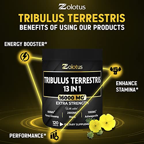 13in1 Tribulus Terrestris Capsules - 16000mg Per Serving with Maca, Horny Goat Weed, Panax Ginseng, Saw Palmetto, Tongkat Ali, Shilajit & More - Energy, Stamina Supplement for Men & Women - 120 Counts