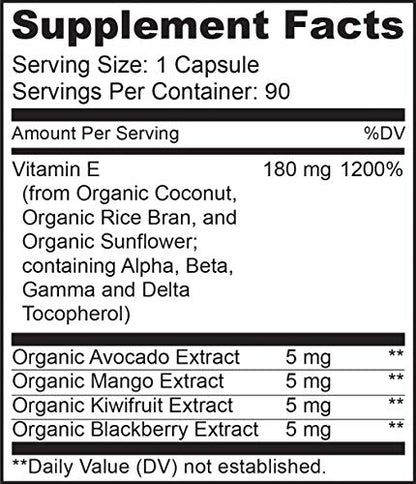 NATURELO Vitamin E - 180 mg (300 IU) of Natural Mixed Tocopherols from Organic Whole Foods - Supplement for Healthy Skin, Hair, Nails, Immune & Eye Health - Non-GMO, Soy Free - 90 Vegan Capsules