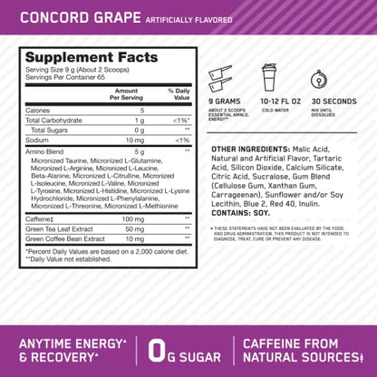 Optimum Nutrition Amino Energy - Pre Workout with Green Tea, BCAA, Amino Acids, Keto Friendly, Green Coffee Extract, Energy Powder - Concord Grape, 65 Servings (Packaging May Vary)