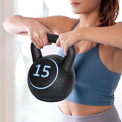 F2C 3-Piece Kettlebell Set with Storage Rack 5lb, 10lb, 15lb Weights HDPE Coated Concrete Kettlebells Core Training for Home Gym Exercise Fitness