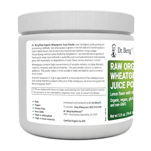 Dr. Berg USDA Certified Organic Green Powder Superfood (60 Servings) - Made with Raw Wheatgrass Powder, Chlorophyll, Trace Minerals & Natural Enzymes - Non-GMO Green Superfood Powder - Lemon Flavor