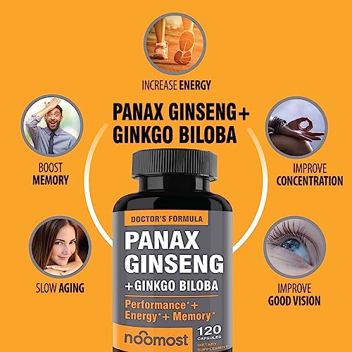 NooMost Authentic Korean Red Panax Ginseng + Ginkgo Biloba, 120 Vegan Capsules, Ginseng Root Extract Powder 1000mg (10% Ginsenosides) + Gingko Biloba 60mg, Energy and Focus Pills for Men and Women