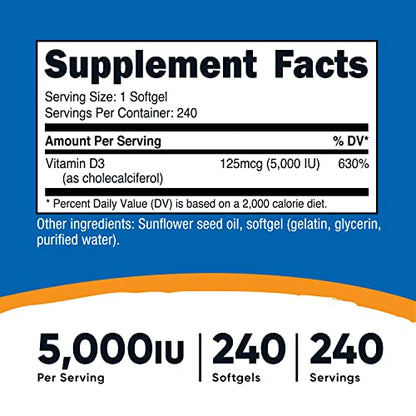 Nutricost Vitamin D3 5,000 IU, 240 Softgels - Non-GMO and Gluten Free Vitamin D