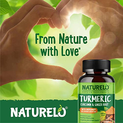 NATURELO Turmeric Curcumin - BioPerine for Better Absorption - Curcuminoids, Black Pepper, Ginger Powder - Plant-Based Joint Support - 120 Vegan Capsules