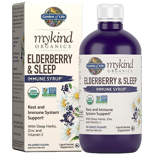 Garden of Life Elderberry Zinc Immune Support for Adults and Kids 12 and Older with Vitamin C - mykind Organics Elderberry & Sleep Immune Syrup Liquid with Sleep Herbs, No Added Sugars, 6.59 fl oz