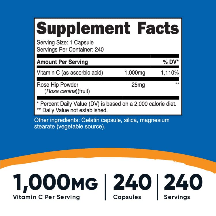 Nutricost Vitamin C with Rose Hips 1025mg, 240 Capsules - Vitamin C 1,000mg, Rose Hips 25mg, Premium, Non-GMO, Gluten Free Supplement