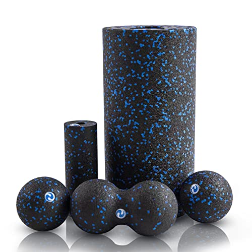 WoNicer 5 in 1 High Density Foam Roller Set for Muscle Massage, Physical Therapy,Pilates,Yoga - Gym Accessories,Back Roller,Foot Massage Ball & Peanut Ball - Easy to Carry with Cute Bag. (Blue Spot)