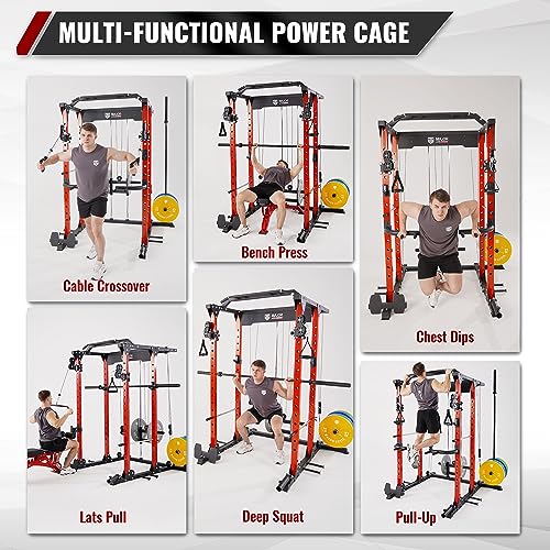 MAJOR LUTIE Power Cage with Weight Bench, 230LBS Weight Plates and Barbell, 1400 lbs Multi-Function Red Power Rack with Adjustable Cable Crossover System and More Exercise Machine Attachments