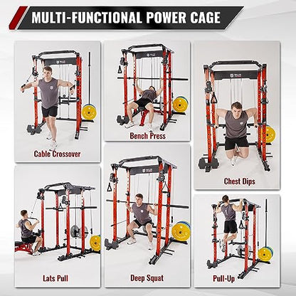 MAJOR LUTIE Power Cage with Weight Bench, 230LBS Weight Plates and Barbell, 1400 lbs Multi-Function Red Power Rack with Adjustable Cable Crossover System and More Exercise Machine Attachments