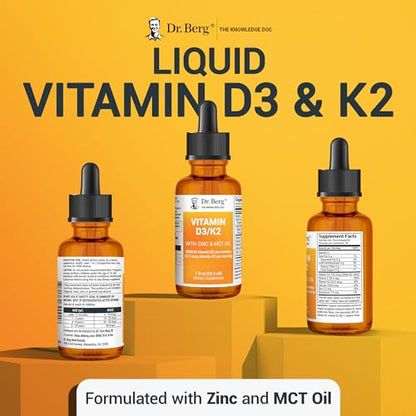 Dr. Berg Vitamin D3 K2 with Zinc & MCT Oil Liquid Supplement - Liquid Vitamin D3 with K2 for Bone & Teeth Strength, Mood, Immune & Heart Health D3 K2 Drops - Vitamin D3 K2 Drops for Adults - 1 fl oz