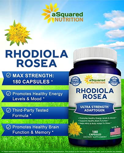 aSquared Nutrition Rhodiola Rosea Supplement 1000mg - 180 Vegan Capsules - Max Strength Rhodiola Root Extract Pills Improve Pure Energy, Brain Function & Stress Relief -Golden Root Herb Powder Tablets