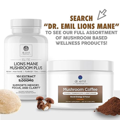 DR EMIL NUTRITION 9000mg Organic Lions Mane Supplement Capsules for Mental Clarity, Focus & Cognitive Support - Brain Boosting Nootropic Mushroom Supplement with Lion's Mane, Chaga, Reishi & Maitake