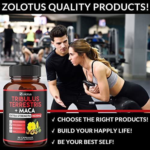 Zolotus Premium Tribulus Terrestris Maca, 9600mg Per Capsule, Highest Potency with Ashwagndha, Panax Ginseng, Boost Energy, Mood, Stamina & Performance, for Men & Women 90 Count (Pack of 1)