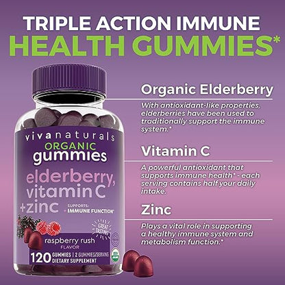 Organic Sambucus Elderberry Gummies with Zinc and Vitamin C (120 Count) - 3 in 1 Black Elderberry Gummies for Adults Immune Support, Chewable Elderberry Supplements, Immunity Gummies